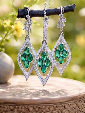 Handcrafted Sterling Silver Emerald Pendant Earrings Set, May Birthstone